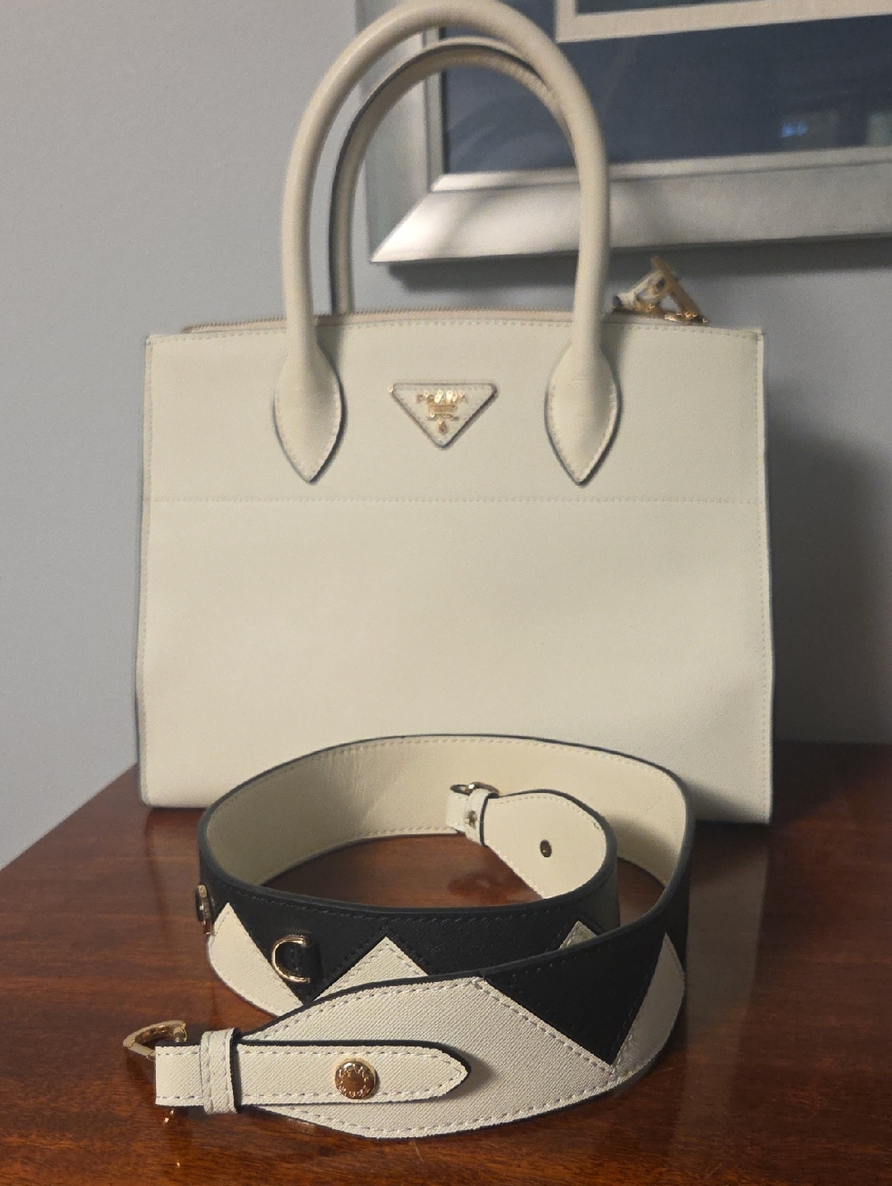 Prada Cream Saffiano Leather Satchel with Gold Hardware